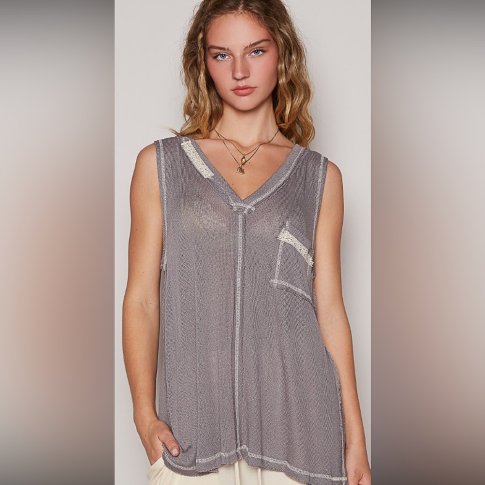 POL Sheer V-Neck Gray Tank Top with Contrast Trim